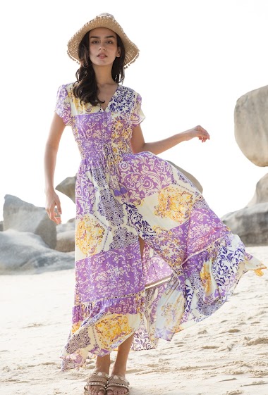 Wholesaler Last Queen - Long dress with bohemian print buttoned front