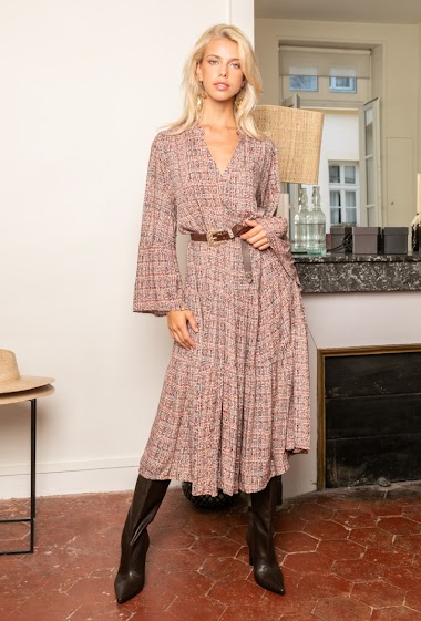 Wholesaler Last Queen - Long dress with bohemian print buttoned front and V-neck