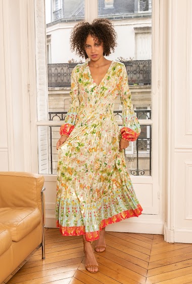 Großhändler Last Queen - Langes Kleid mit Bohème-Print vorne geknöpft, unsichtbare Taschen