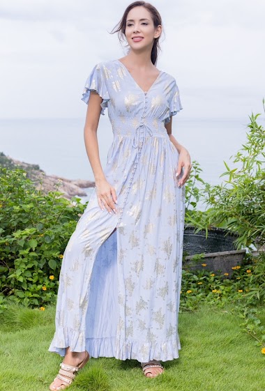 Wholesaler Last Queen - Bohemian print long dress buttoned in front with golden effect