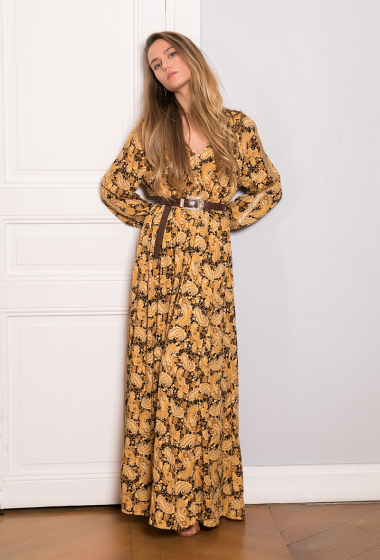 Wholesaler Last Queen - Long dress with bohemian print buttoned invisible pockets with gold effect
