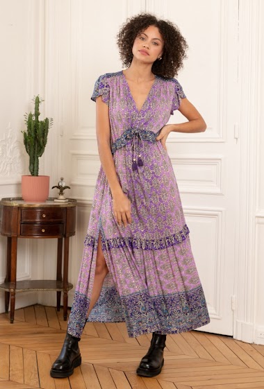 Wholesaler Last Queen - Long ruffled bohemian print dress with pompom tightening and gilding effect