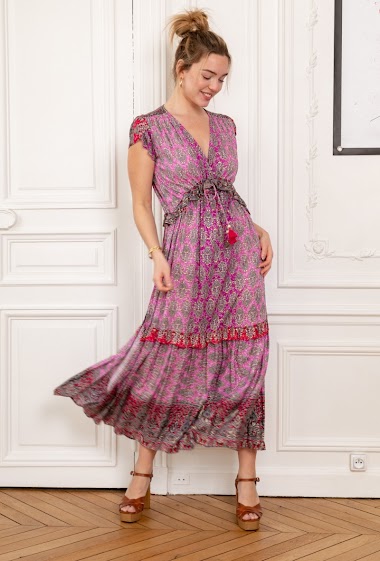 Long ruffled bohemian print dress with pompom tightening and gilding effect