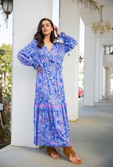 Wholesaler Last Queen - Long bohemian print dress with flounce and tassel tightening