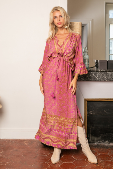 Wholesaler Last Queen - Long bohemian print dress with flounce and tassel tightening