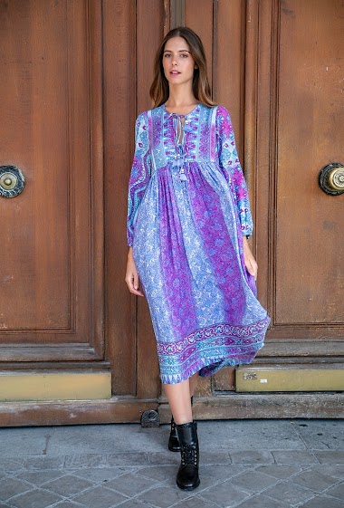 Wholesaler Last Queen - Long dress with bohemian print with pompoms