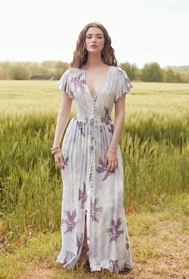 Großhändler Last Queen - Langes, tailliertes, bedrucktes Kleid mit geknöpfter Vorderseite