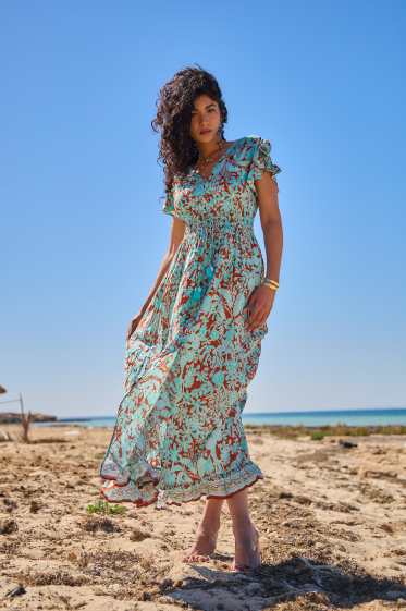 Wholesaler Last Queen - Long dress with gold print, buttoned at the front and tightening