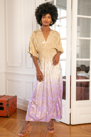 Großhändler Last Queen - Langes Kleid mit Golddruck, rückenfrei und Fledermausärmeln