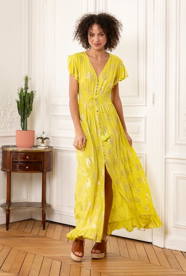 Großhändler Last Queen - Langes Kleid mit goldfarbenem Aufdruck, elastischer Taille und geknöpfter Vorderseite