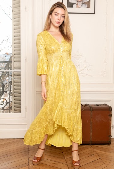 Wholesaler Last Queen - Robe longue à imprimé  effet doré , élastique à la taille et boutonnée devant