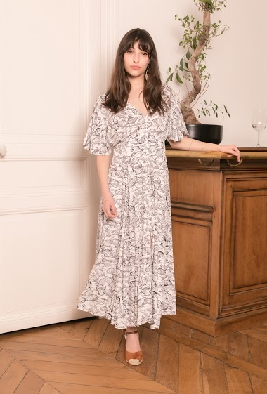 Long floral print dress with buttoned LUREX on the front