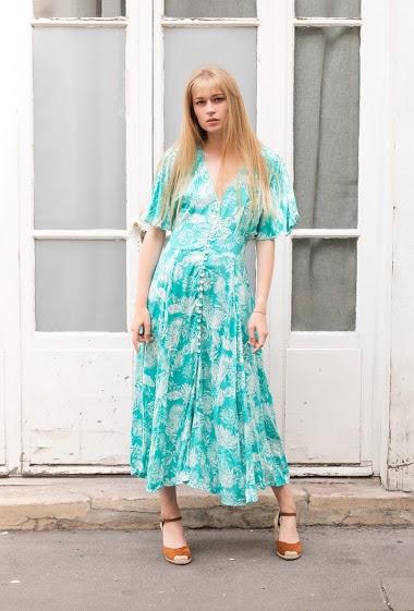 Long floral print dress with buttoned LUREX on the front