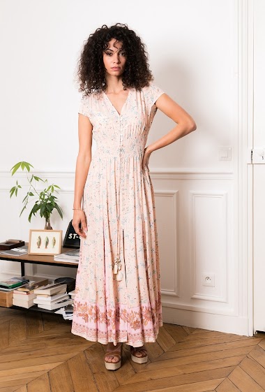 Wholesaler Last Queen - Long dress in floral print, buttoned in front with slit and pompoms