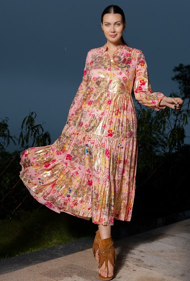 Wholesaler Last Queen - Loose fit floral print long dress with gold effect