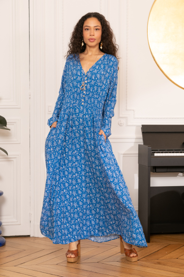 Wholesaler Last Queen - Long dress with liberty print, buttoned in front, invisible pockets