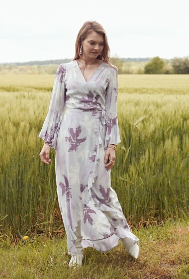 Wholesaler Last Queen - Flared Sleeve Ruffle Print Asymmetric Maxi Dress