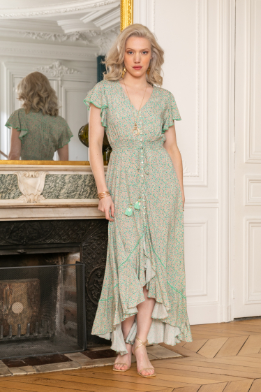 Großhändler Last Queen - Langes, asymmetrisches Kleid mit Knopfleiste vorne und Rüschendetail
