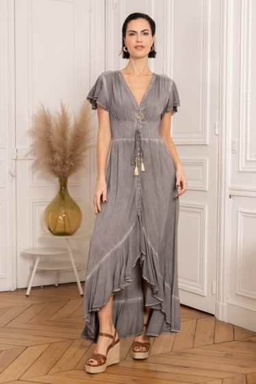 Wholesaler Last Queen - Long asymmetrical tie and dye dress, V neckline, buttoned at the front