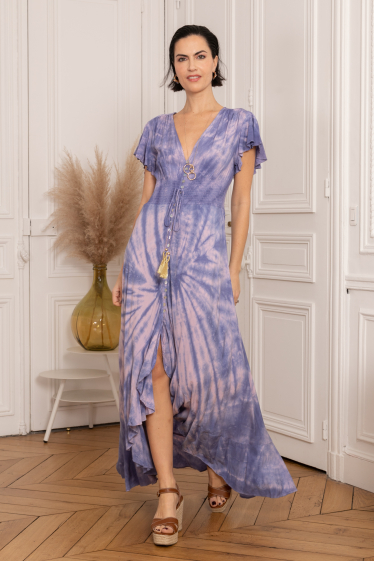 Großhändler Last Queen - Langes asymmetrisches Tie-and-Dye-Kleid mit V-Ausschnitt und Knopfleiste vorne