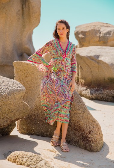 Wholesaler Last Queen - Long crossover dress fitted at the waist in a bohemian print with bells