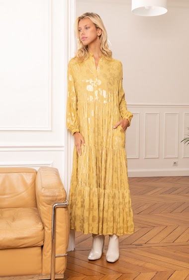 Großhändler Last Queen - Langes bedrucktes Bohemian-Kleid mit lockerer Passform in Gold-Optik
