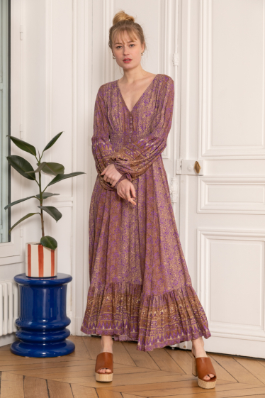 Wholesaler Last Queen - Long bohemian dress, balloon sleeves with invisible pockets