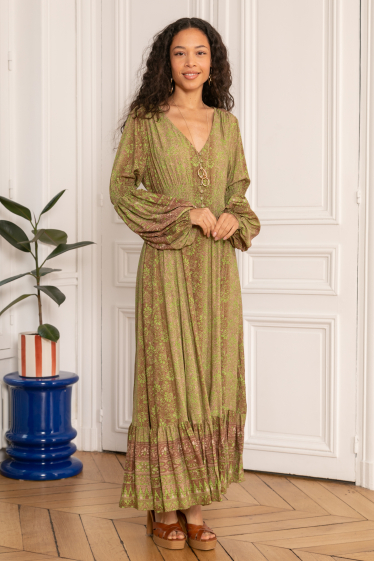 Wholesaler Last Queen - Long bohemian dress, balloon sleeves with invisible pockets