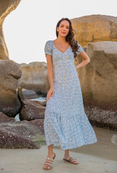 Wholesaler Last Queen - Long button-up dress in print with V-neck and cap sleeve, with slit