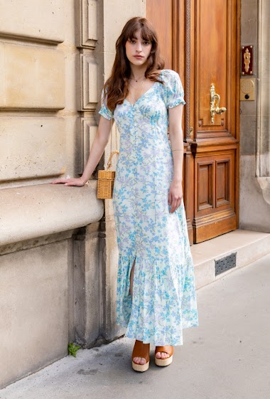 Wholesaler Last Queen - Long button-up dress in print with V-neck and cap sleeve, with slit
