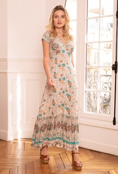 Großhändler Last Queen - Langes geknöpftes Kleid im Print mit V-Ausschnitt und Flügelärmeln, mit Schlitz