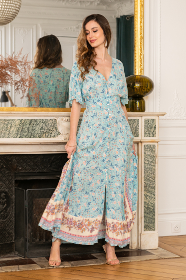 Großhändler Last Queen - Langes geknöpftes Kleid mit Bohème-Print an Taille und V-Ausschnitt