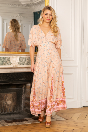 Wholesaler Last Queen - Long buttoned dress with bohemian print at the waist and V-neck