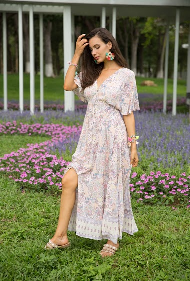 Wholesaler Last Queen - Long buttoned dress with bohemian print at the waist and V-neck