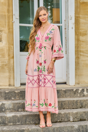 Wholesaler Last Queen - Printed mid-length dress, buttoned at the front with gathers