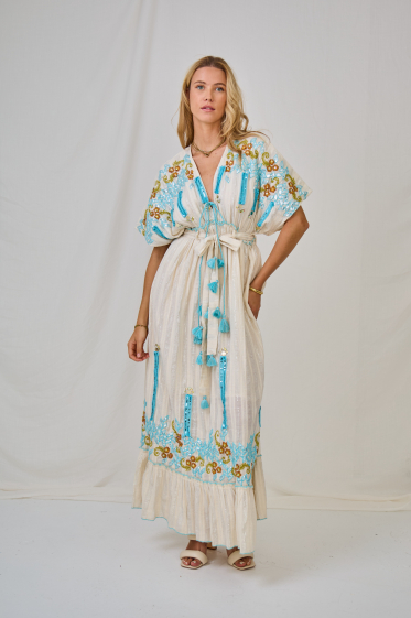 Wholesaler Last Queen - Long dress embroidered with sequins, V-neck with lining