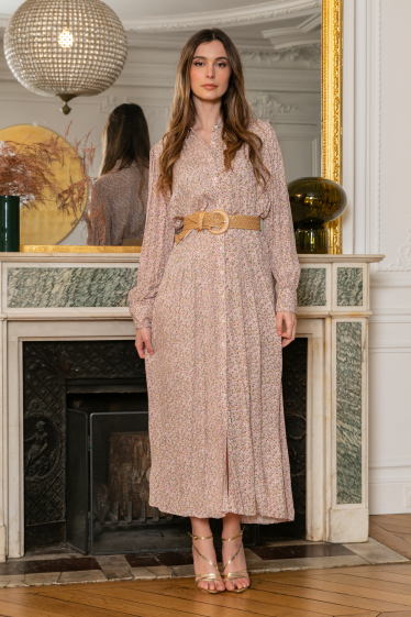 Wholesaler Last Queen - Long belted dress with liberty print, buttoned shirt collar at the front
