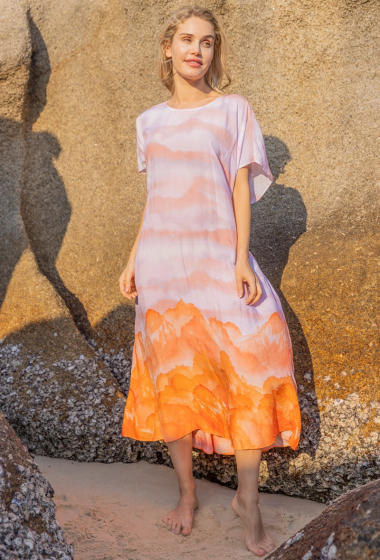 Großhändler Last Queen - Langes zweifarbiges Kleid mit Gürtel, Rundhalsausschnitt mit unsichtbaren Taschen