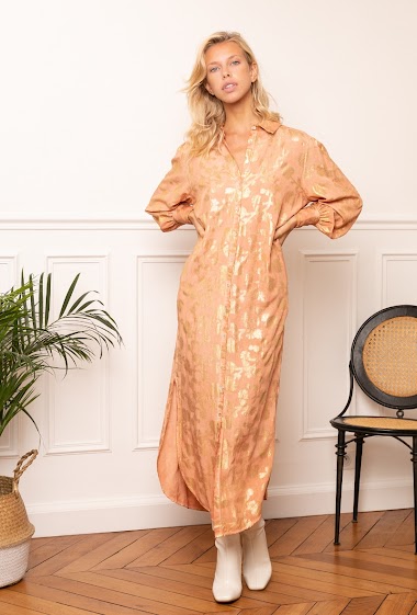 Großhändler Last Queen - Langes Hemdblusenkleid mit Goldeffektdruck