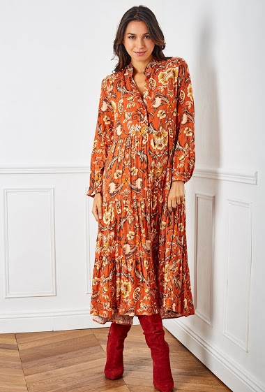Wholesaler Last Queen - Flower Printed long tunic shirt dress with LUREX