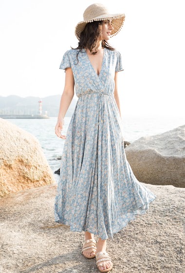 Bohemian Print Long Cinched Waist Dress with V-Neck