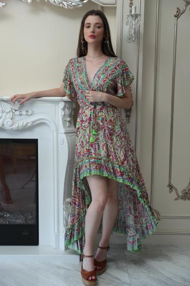 Wholesaler Last Queen - Bohemian Print Long Cinched Waist Dress with V-Neck