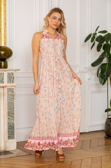 Wholesaler Last Queen - Sleeveless Bohemian Print Cinched Waist Maxi Dress