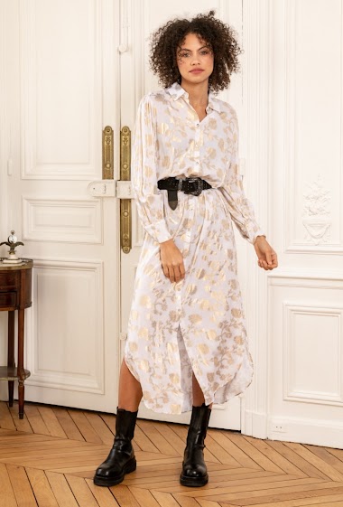 Long dress with shirt collar printed with gold effect, invisible pocket