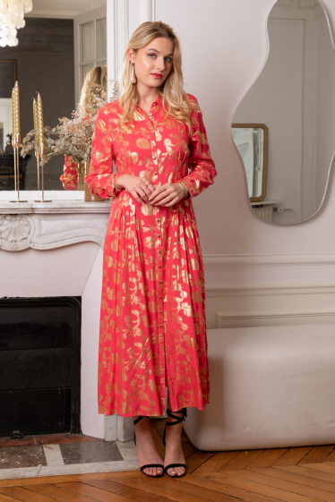 Wholesaler Last Queen - Long dress with shirt collar printed with gold effect, invisible pocket
