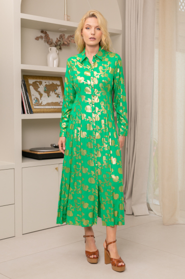 Wholesaler Last Queen - Long dress with shirt collar printed with gold effect, invisible pocket