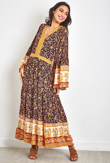 Long printed V-neck dress with flared sleeves