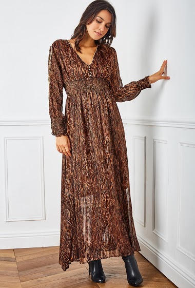 Zebra printed long dress with embroidered pearls on the sleeves with LUREX
