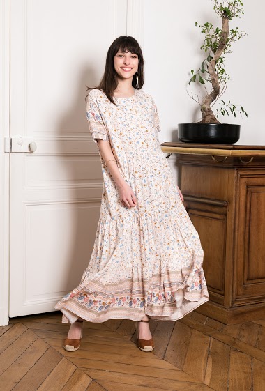 Großhändler Last Queen - Langes Kleid mit V-Ausschnitt, kurzen Ärmeln mit Bohème-Print und unsichtbaren Taschen.