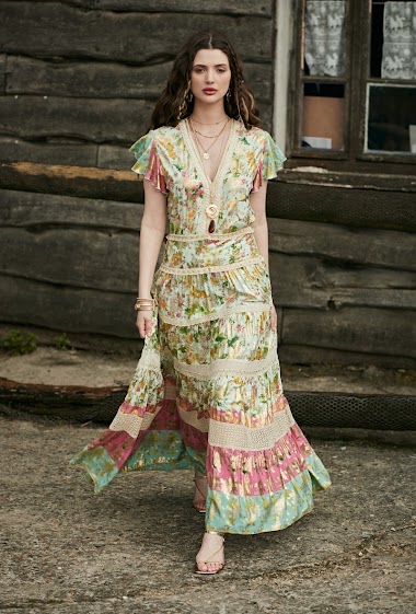 Wholesaler Last Queen - Long V-neck dress with lace, bohemian print with gilding effect